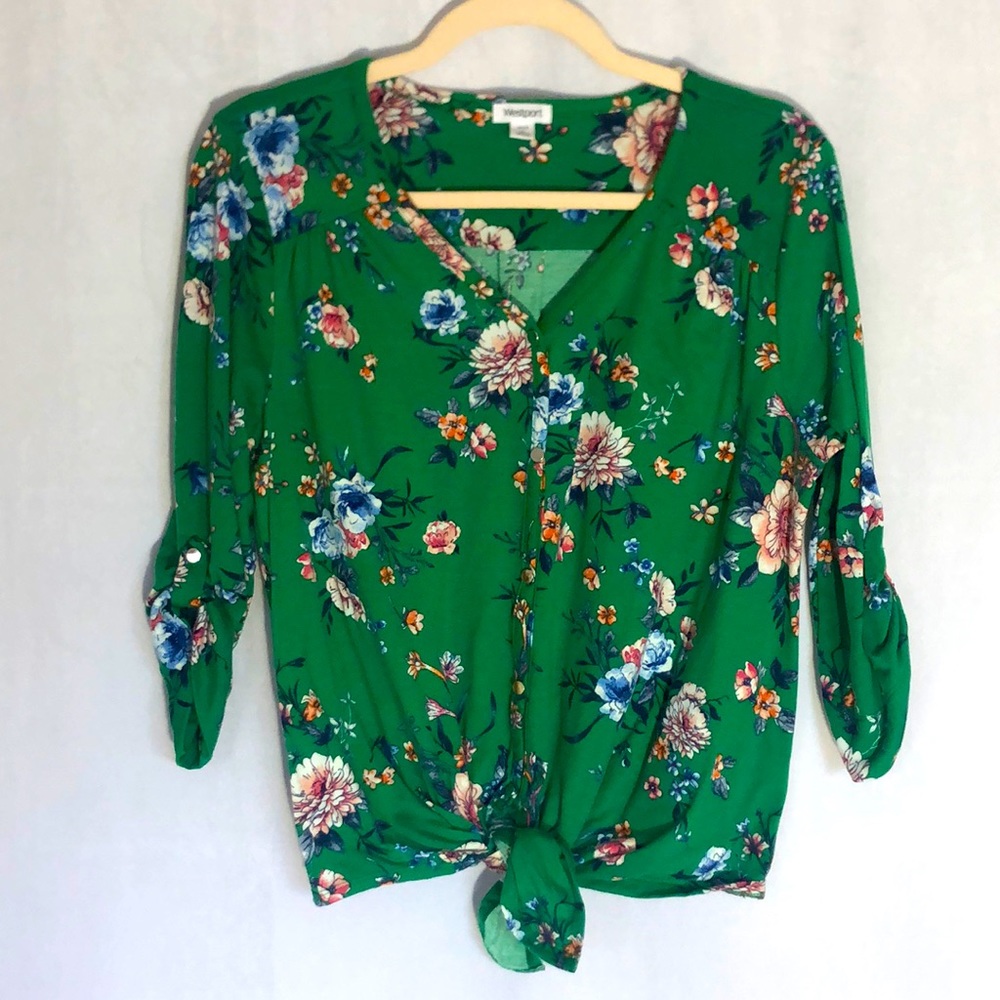 Westport Tie-Up Green Floral 3/4 Gathered Sleeve Button-Front Top